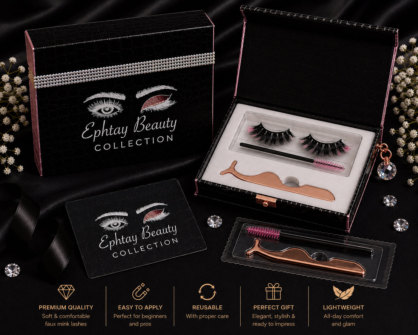 Ephtay Beauty Black Print Magnetic Eyelash Kit – Reusable Faux Mink Lashes wit image 0