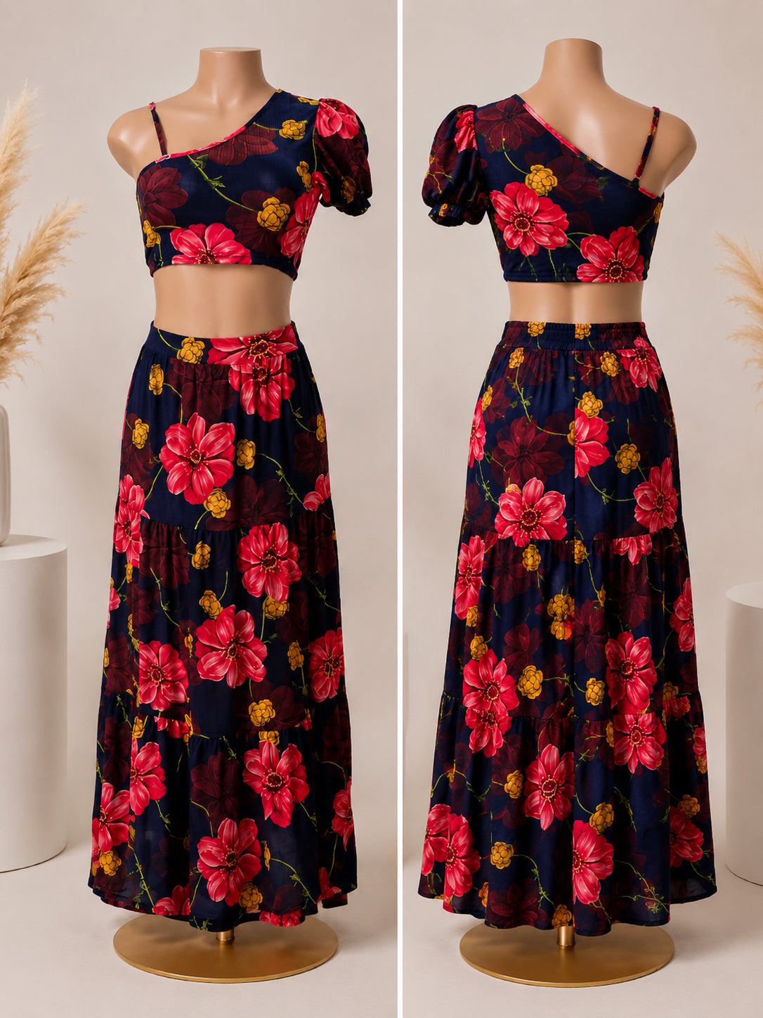 Floral One-Shoulder Two-Piece Maxi Skirt Set image 1