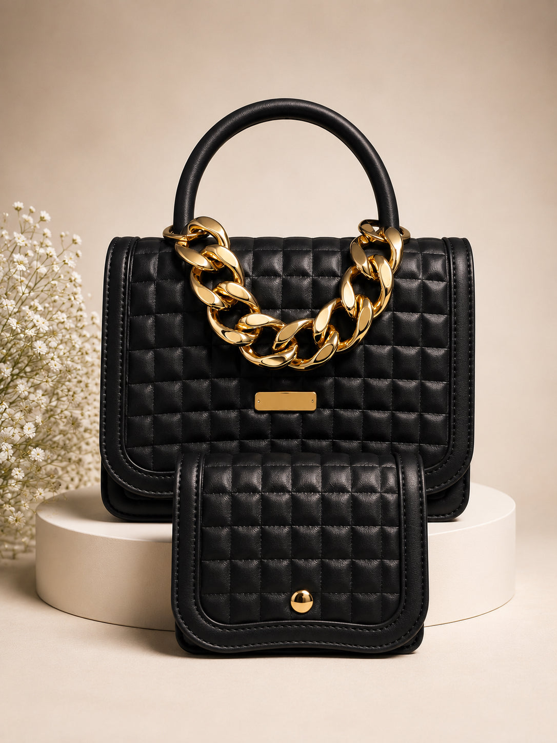 Luxury Quilted Top Handle Handbag Set with Matching Wallet – Beige image 5