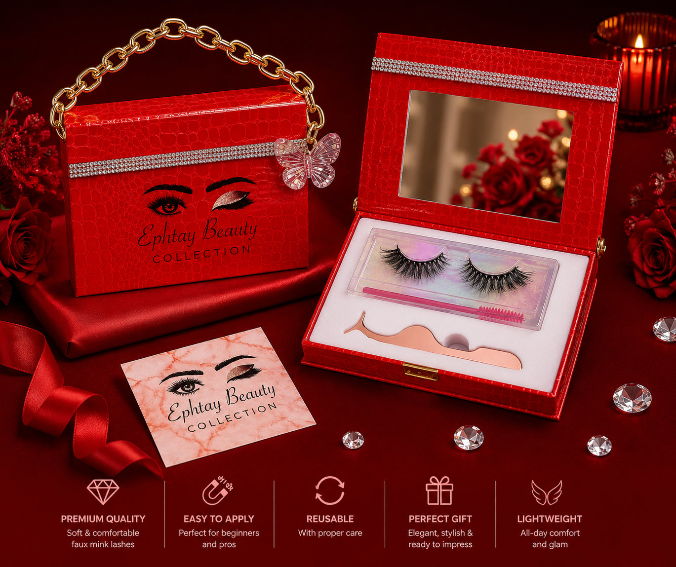 Ephtay Beauty Red Print Magnetic Eyelash Kit – Reusable Faux Mink Lashes wit image 1