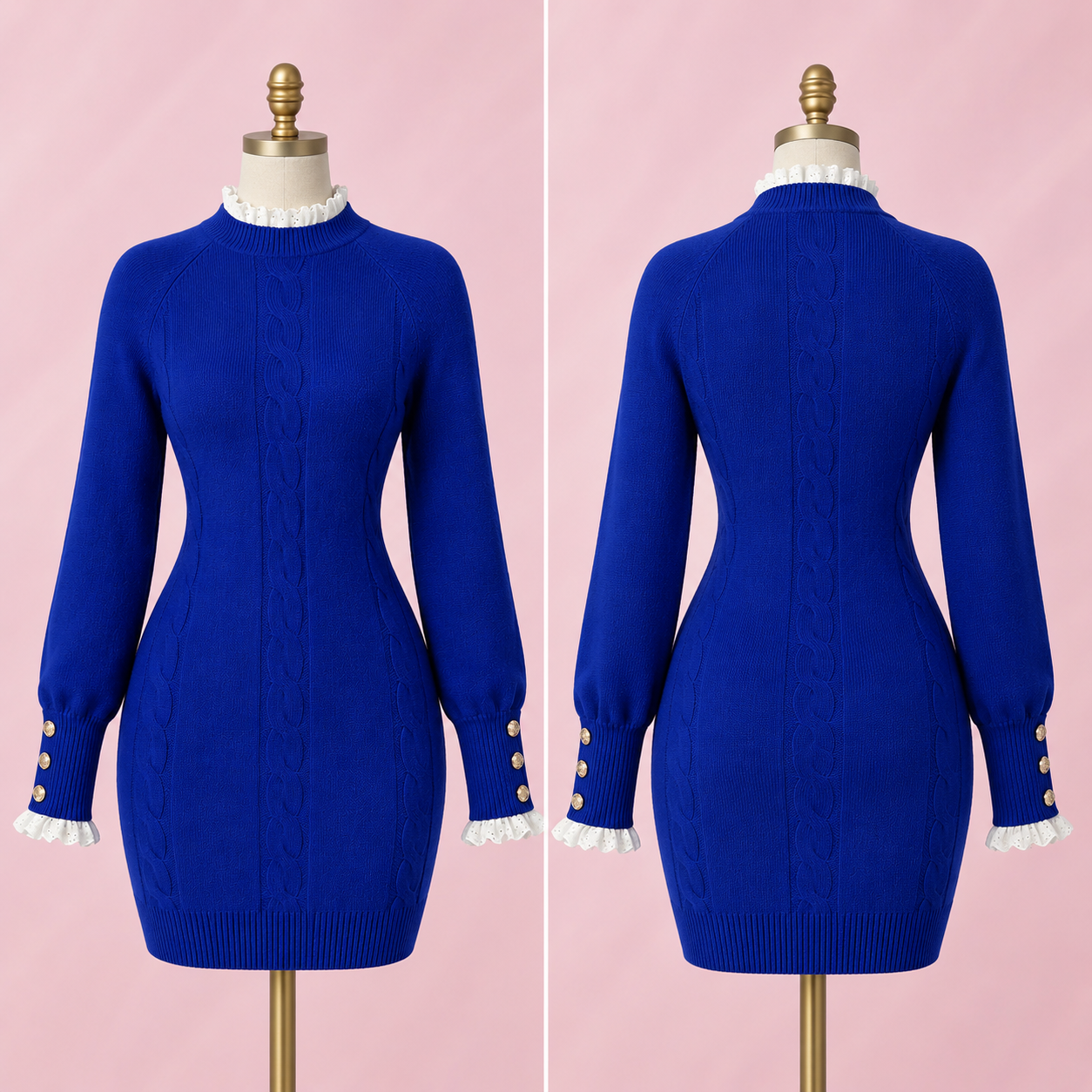 Women's Cable Knit Long Sleeve Bodycon Sweater Dress – Blue