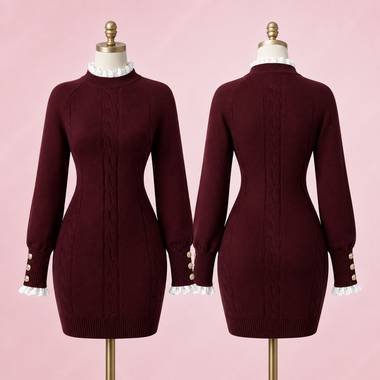 Women's Cable Knit Long Sleeve Bodycon Sweater Dress- burgundy