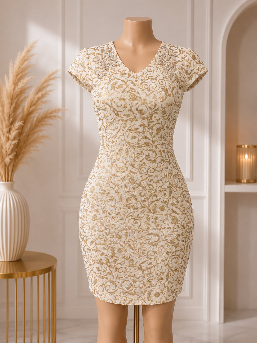 Women’s Elegant Gold Floral Bodycon Mini Dress – Short Sleeve Slim Fit Party Dre image 0