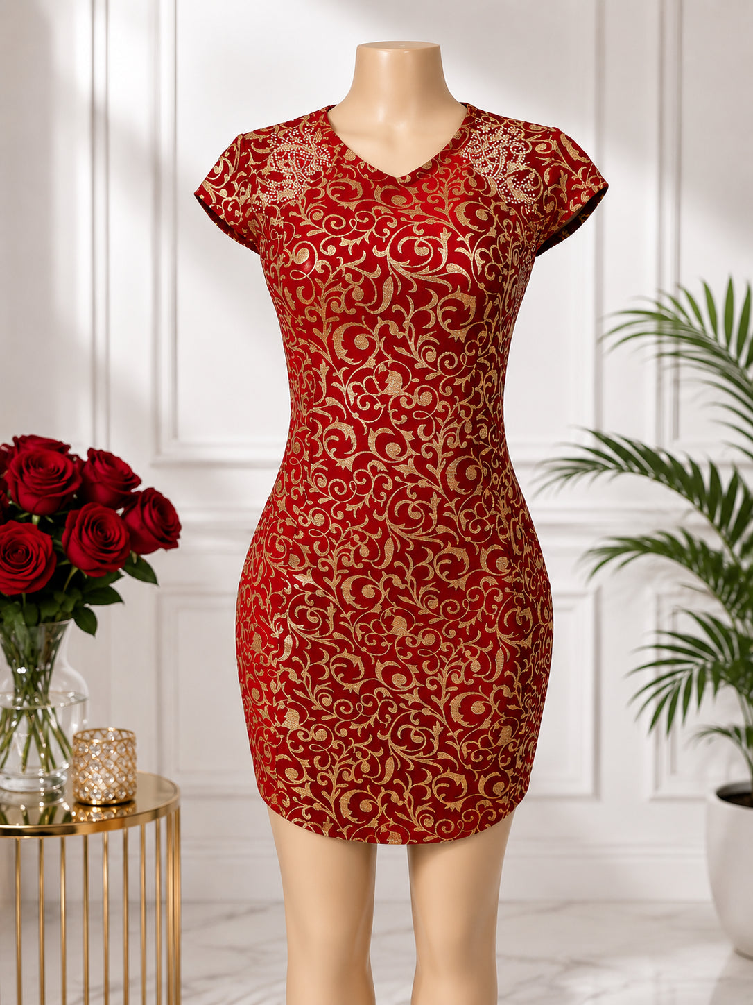 Women’s Elegant Gold Floral Bodycon Mini Dress – Short Sleeve Slim Fit Party Dre image 4