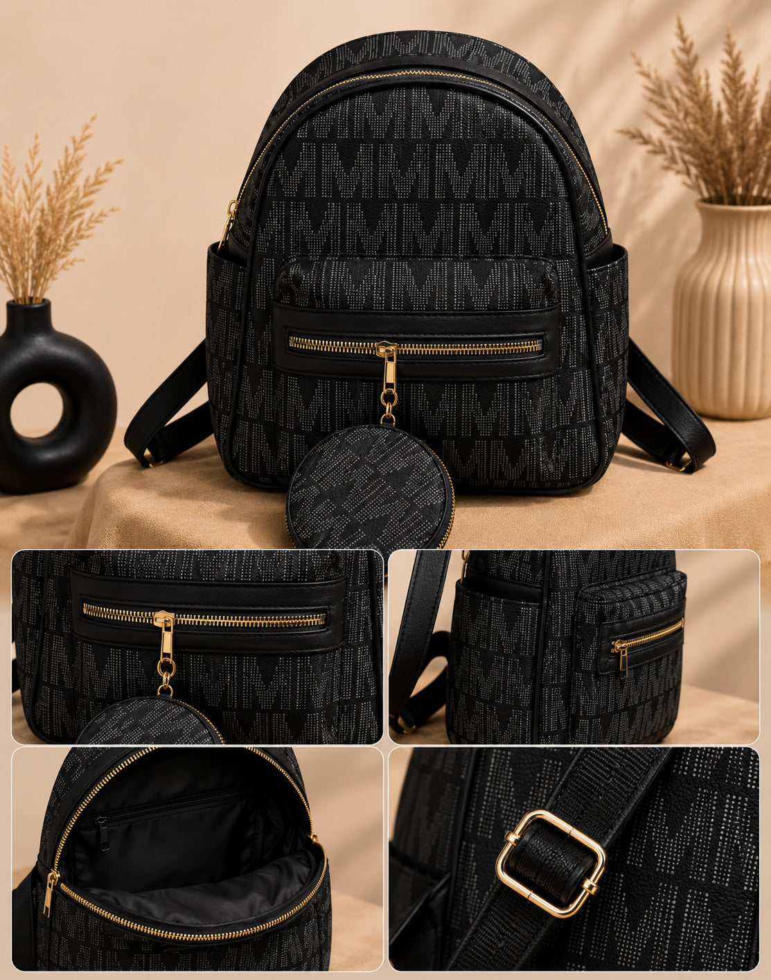 Elegant Two-Tone Backpack Set with Matching Round Pouch image 8
