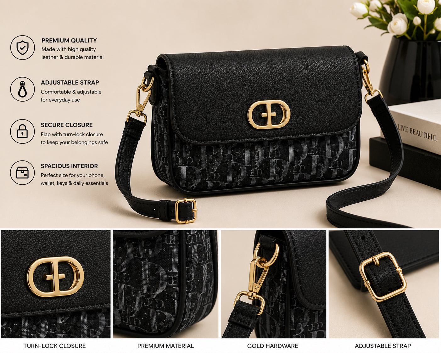 Luxury Black Monogram Crossbody Bag – Elegant Gold Lock Shoulder Purse for Women image 1