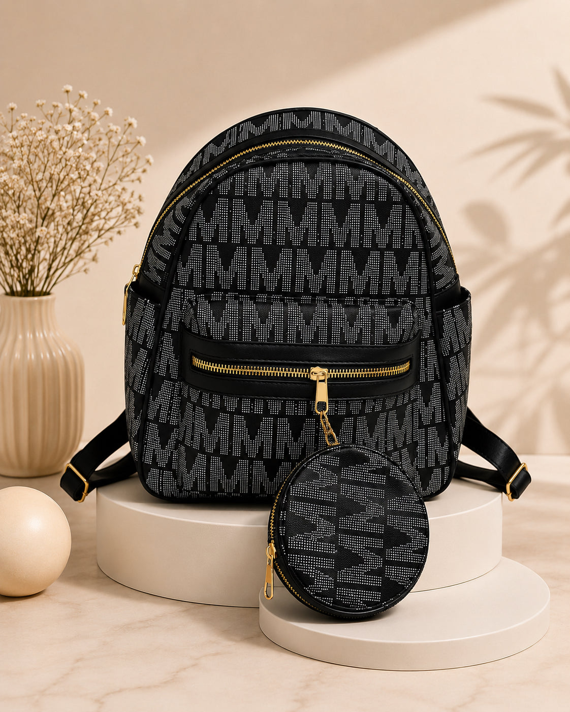 Elegant Two-Tone Backpack Set with Matching Round Pouch image 7