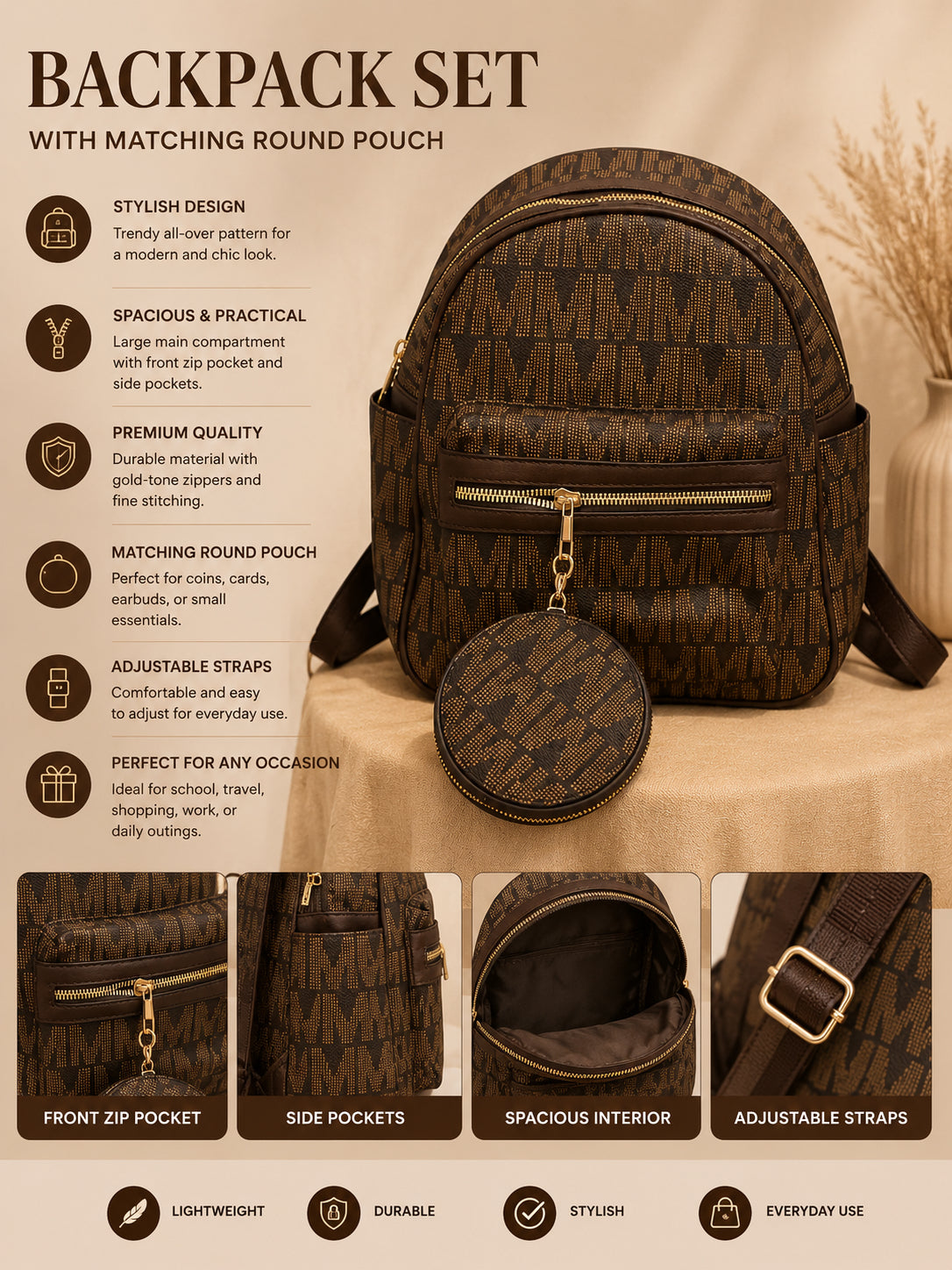 Elegant Two-Tone Backpack Set with Matching Round Pouch image 9
