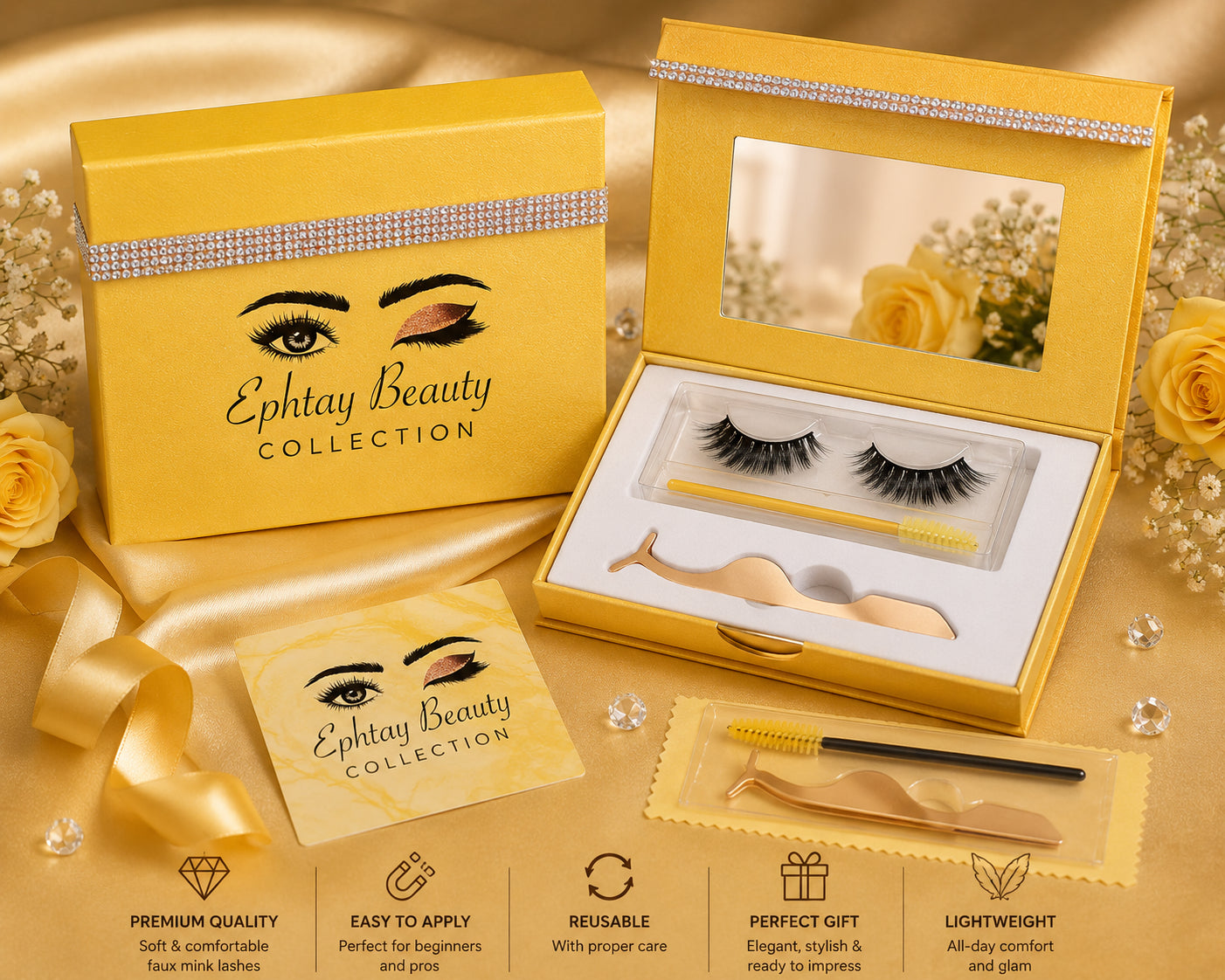 Ephtay Beauty Yellow Print Magnetic Eyelash Kit – Reusable Faux Mink Lashes wit image 1