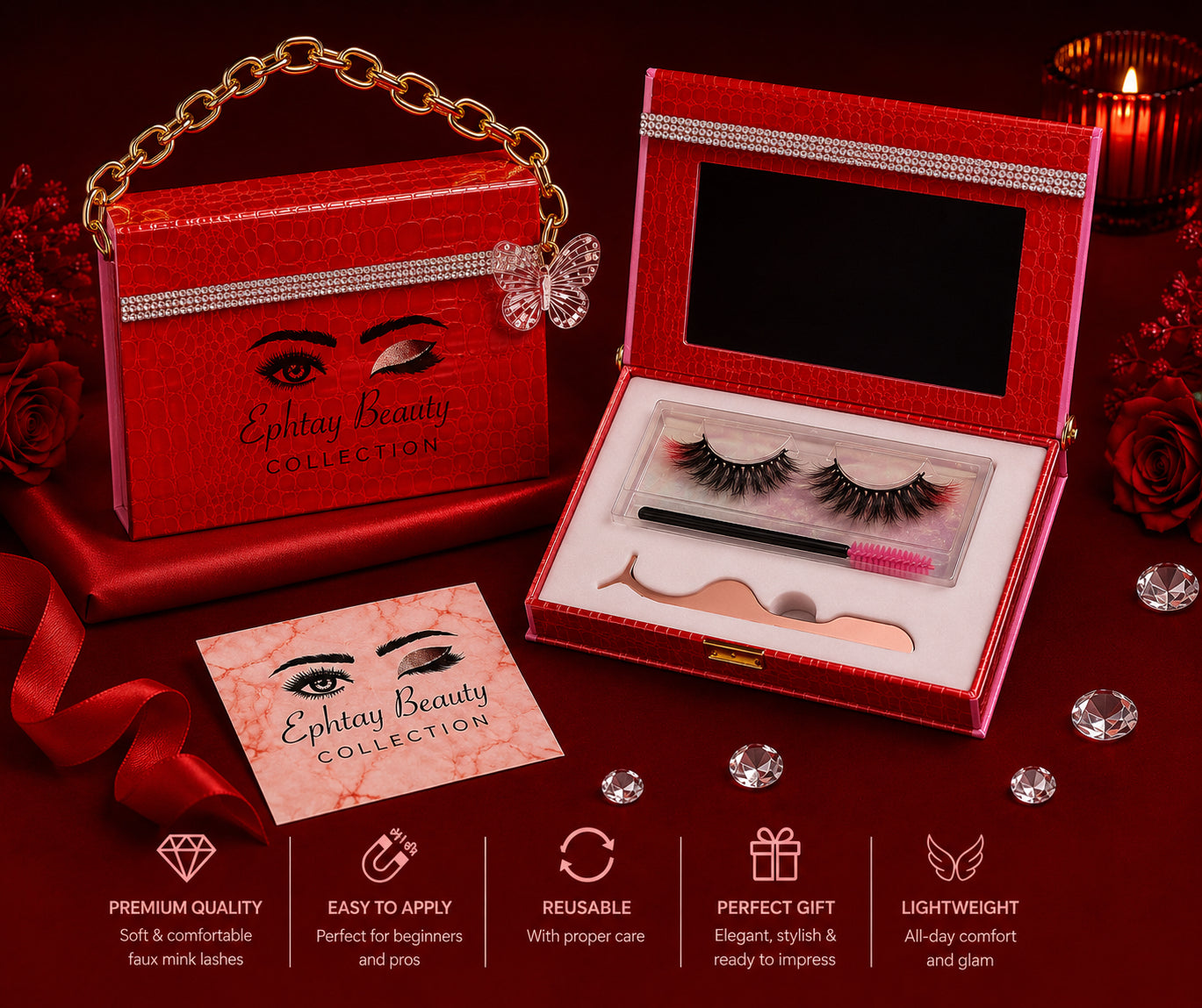 Ephtay Beauty Red Print Magnetic Eyelash Kit – Reusable Faux Mink Lashes wit image 0