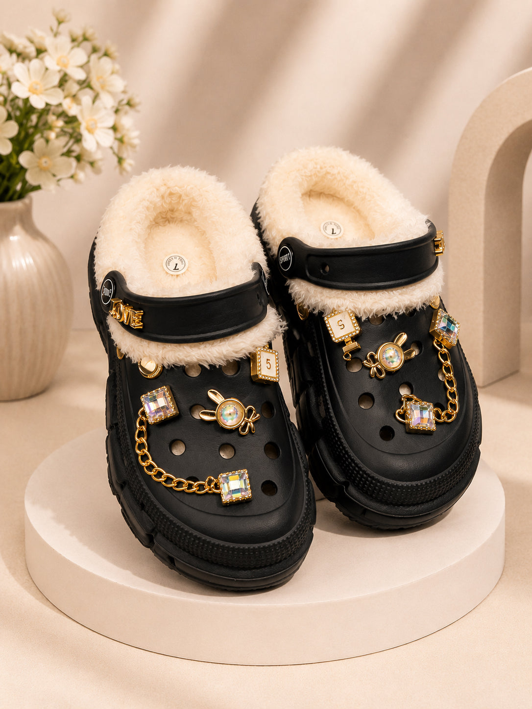 Women’s Black Faux Fur Lined Clogs with Gold Charms – Cozy Winter Slip-On Shoes image 0
