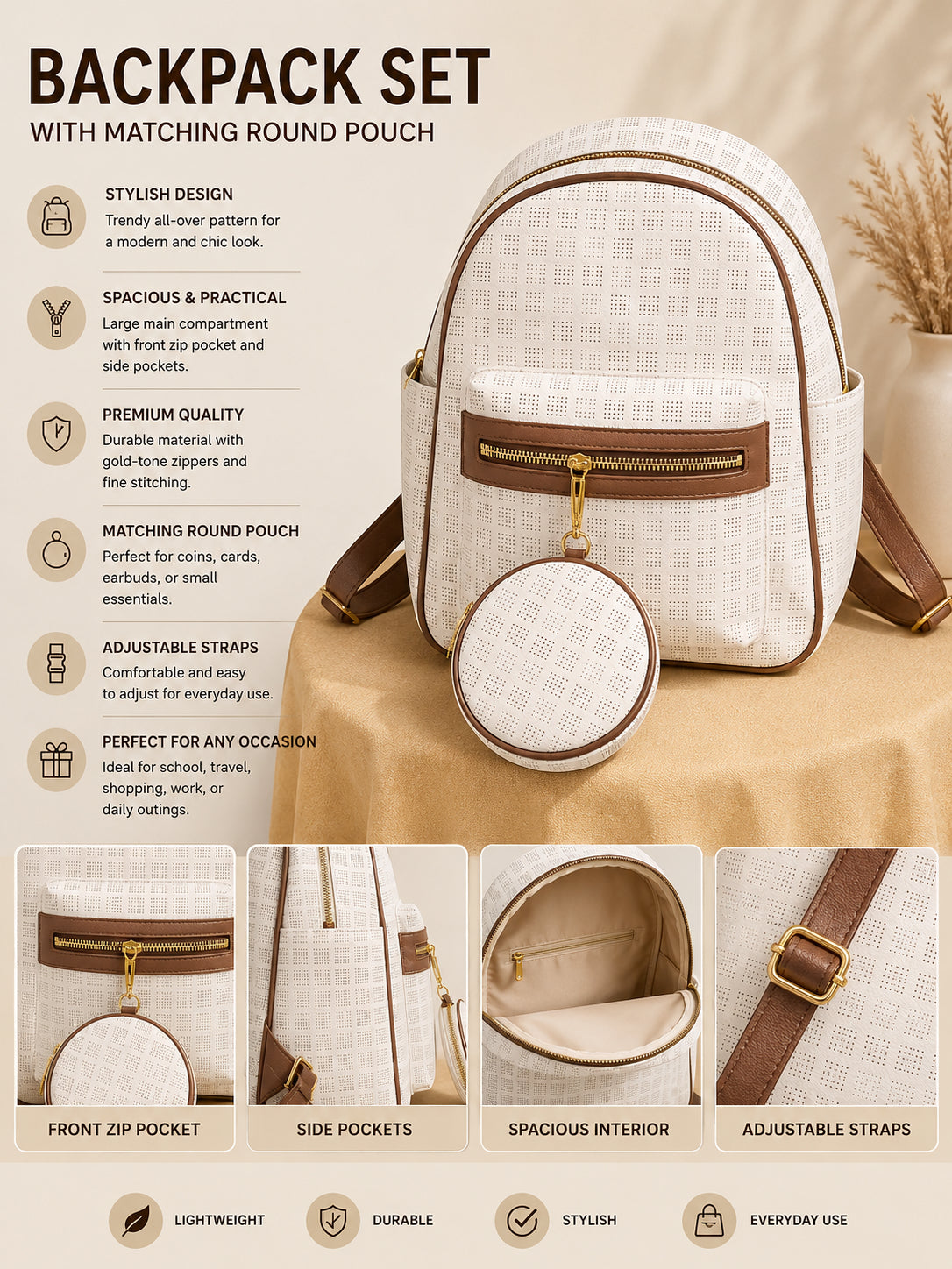 Elegant Two-Tone Backpack Set with Matching Round Pouch image 3