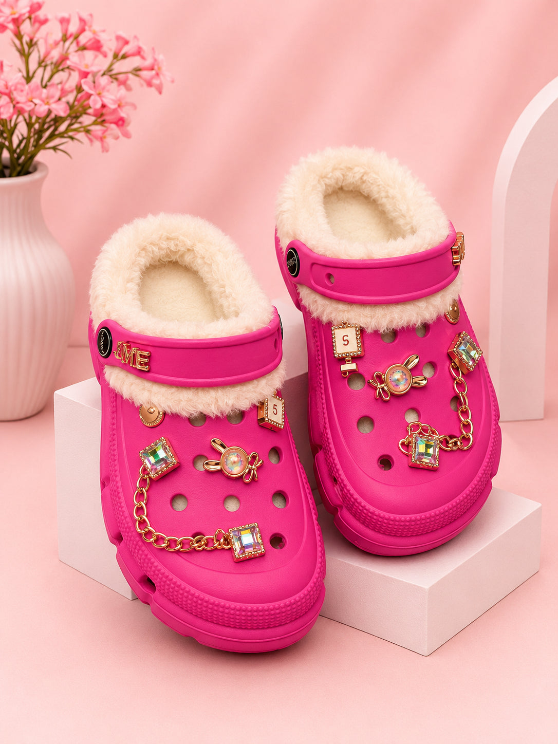 Women’s Black Faux Fur Lined Clogs with Gold Charms – Cozy Winter Slip-On Shoes image 1