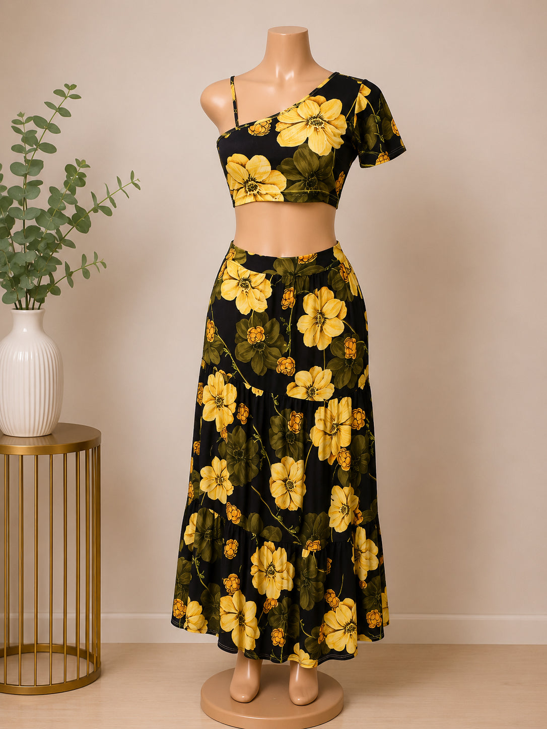Floral One-Shoulder Two-Piece Maxi Skirt Set – Elegant Summer Outfit for Women image 0