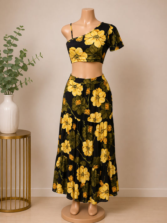 Floral One-Shoulder Two-Piece Maxi Skirt Set – Elegant Summer Outfit for Women image 0