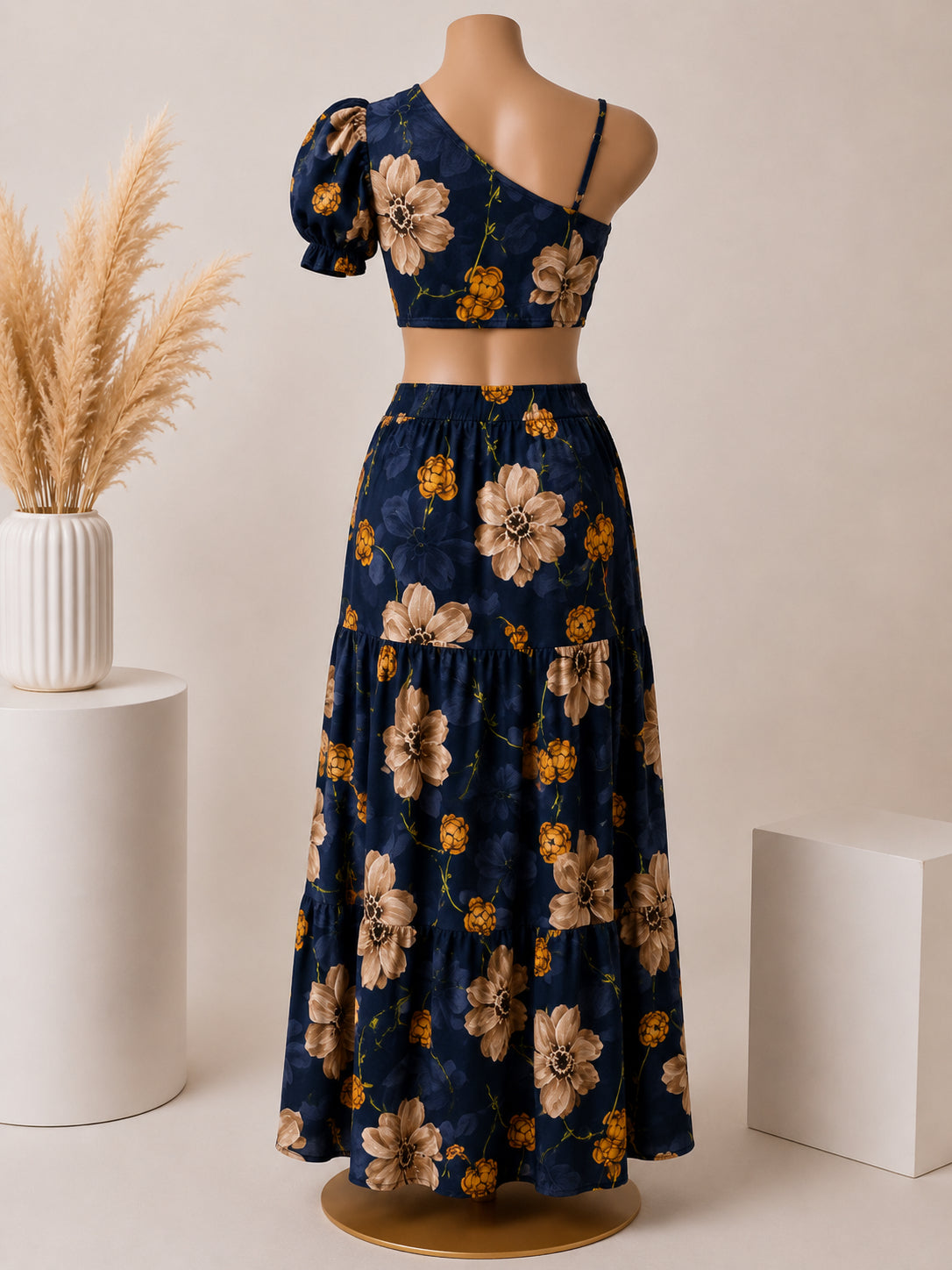 Midnight Bloom One-Shoulder Two-Piece Maxi Skirt Set – Navy Blue Floral  image 1