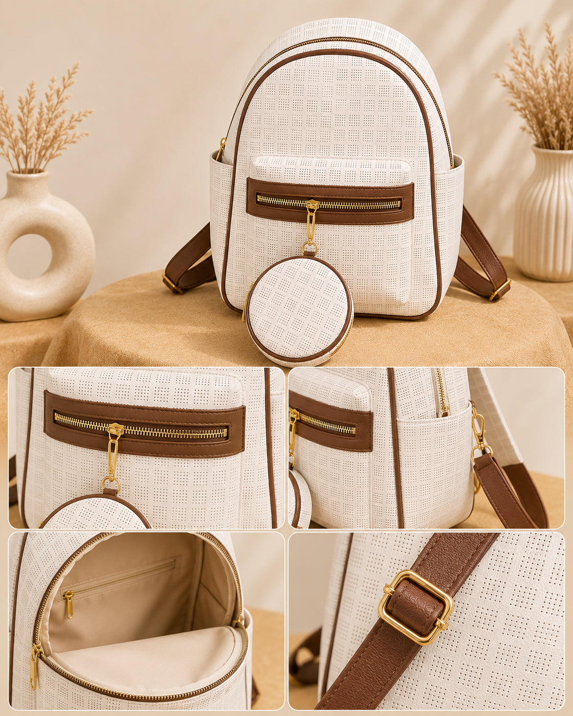 Elegant Two-Tone Backpack Set with Matching Round Pouch image 4