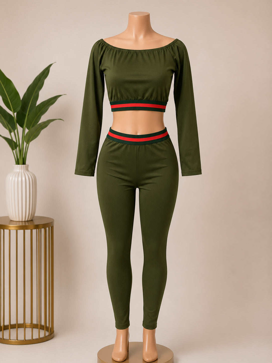 Women’s Black Two-Piece Lounge Set – Off-Shoulder Long Sleeve Crop Top & High-Wa image 2