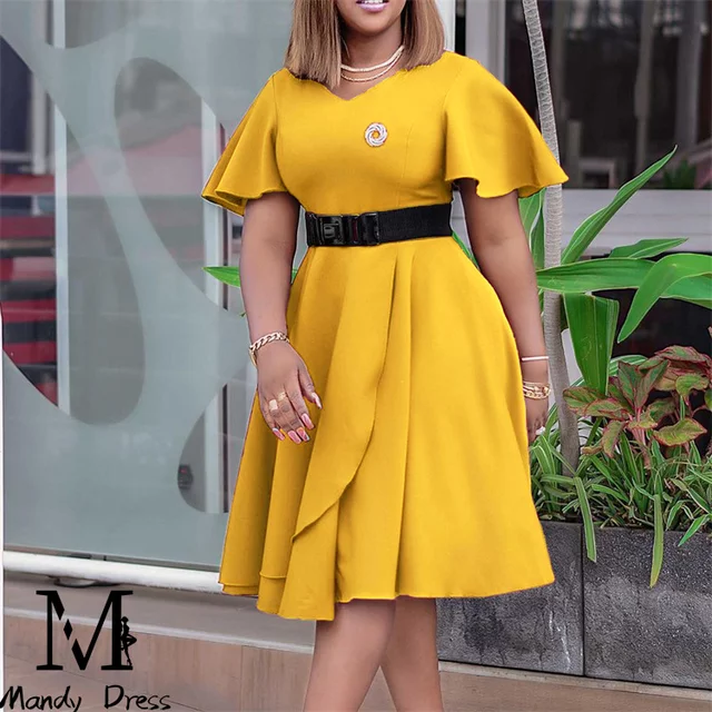 Plus size women's springsummer flare sleeve high waist skinny fashion midi offic image 1