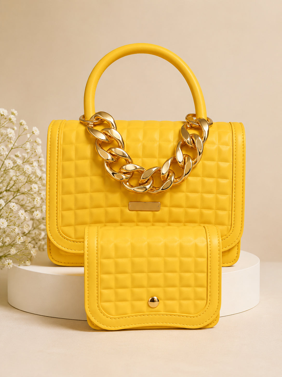 Luxury Quilted Top Handle Handbag Set with Matching Wallet – Beige image 4
