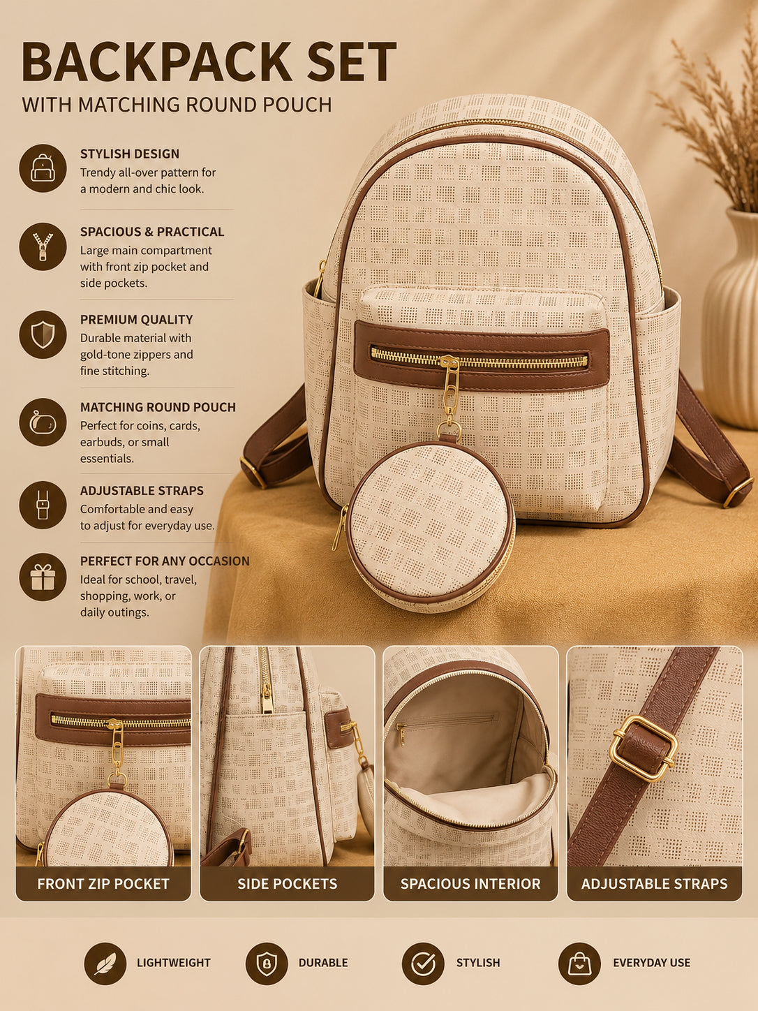 Elegant Two-Tone Backpack Set with Matching Round Pouch image 10