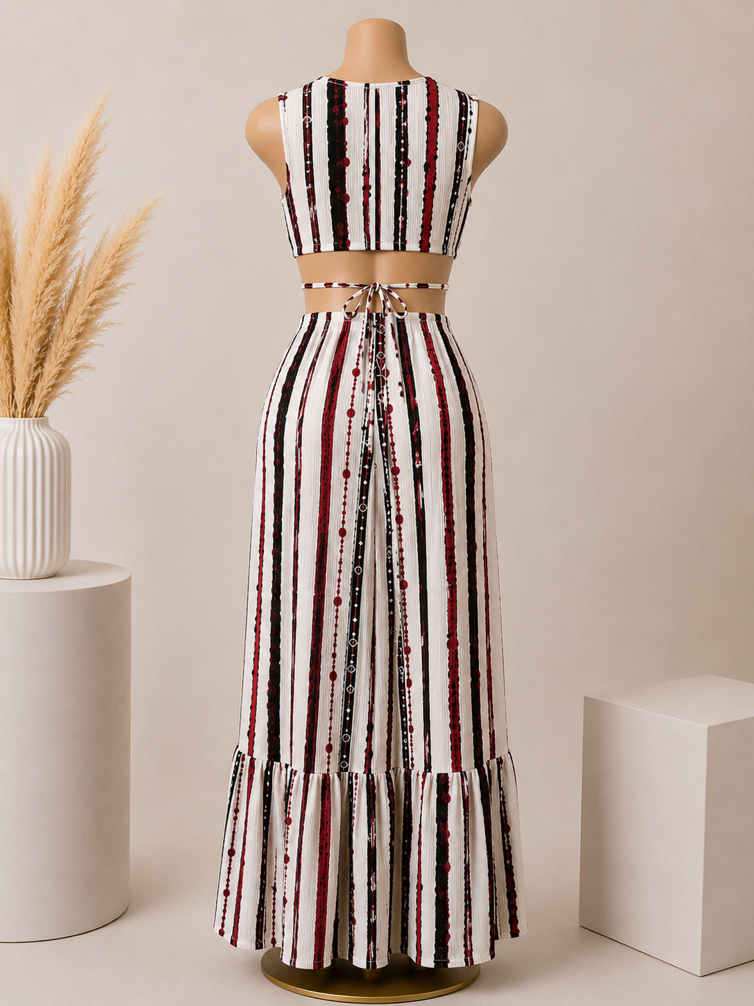 Elegant Striped Two-Piece Maxi Set – White & Burgundy image 2