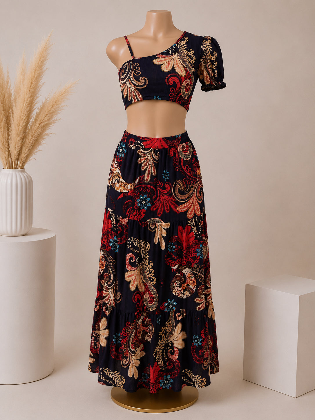Midnight Paisley One-Shoulder Two-Piece Maxi Skirt Set image 0