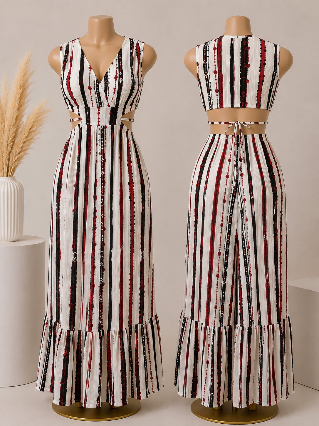 Elegant Striped Two-Piece Maxi Set – White & Burgundy image 0