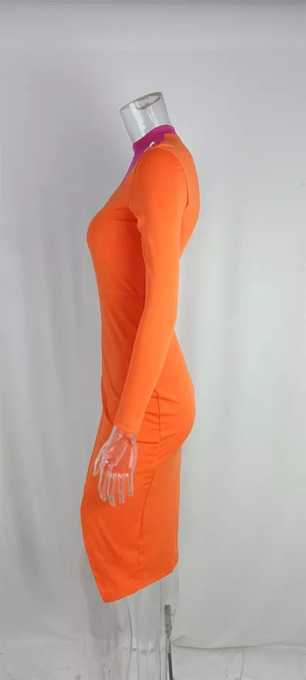 Bodycon Dress women Fall Long Sleeve color Block patchwork zipper split midi one image 2