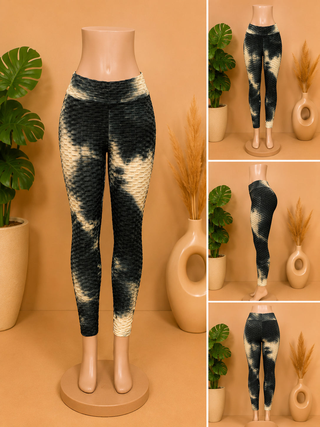 Women’s High-Waisted Textured Tie-Dye Scrunch Leggings – Coral & Gray image 2