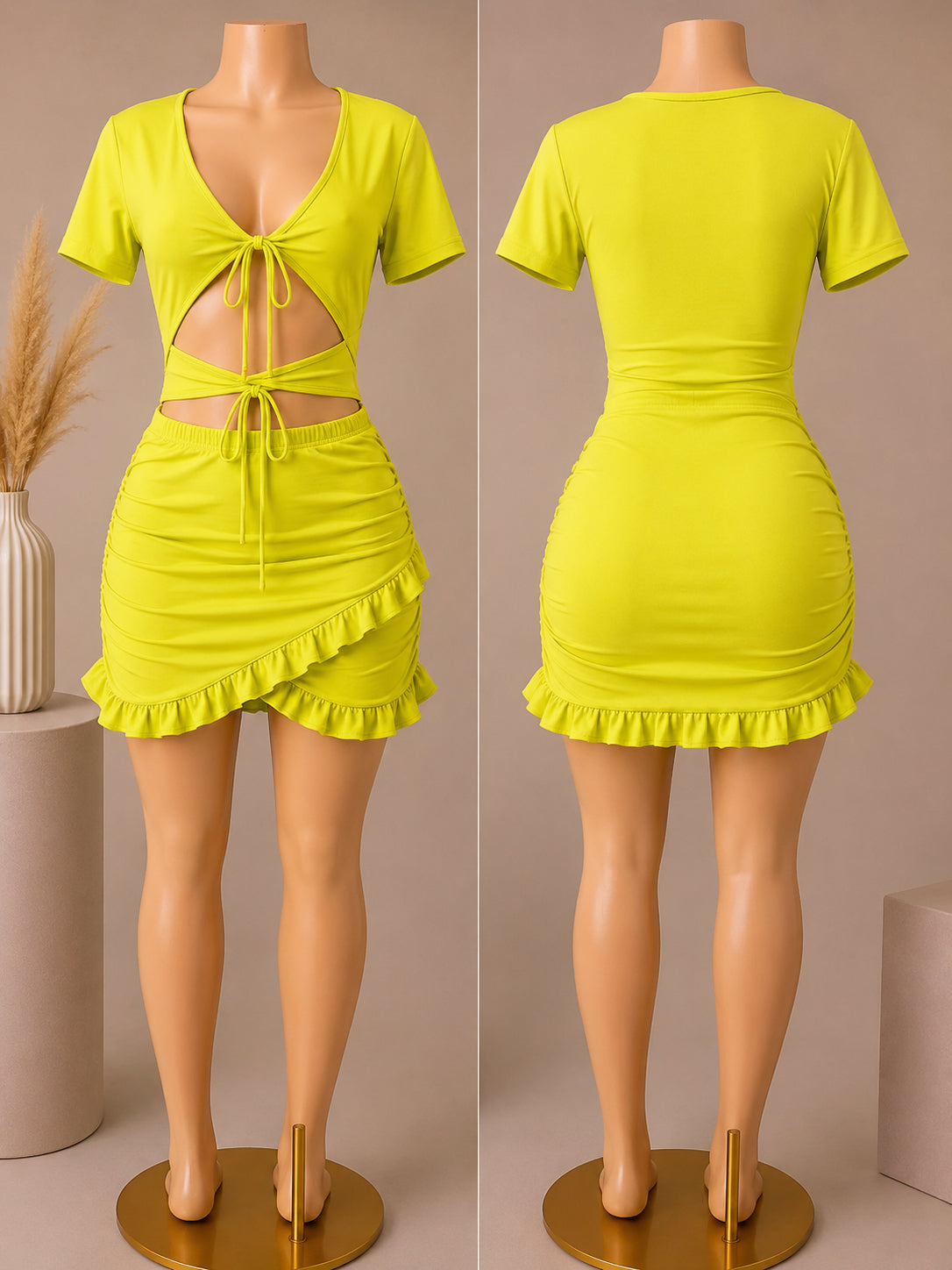 Lime Green Ruched Cut-Out Mini Dress – Back View image 0