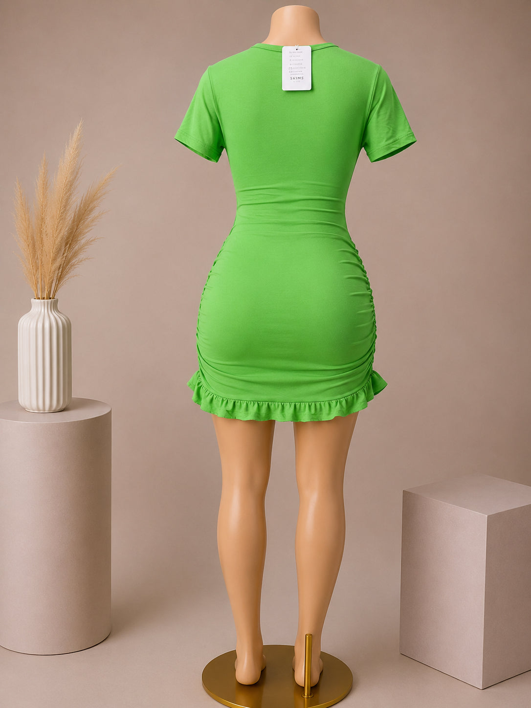 Lime Green Cut-Out Ruched Mini Dress – Back View  Description: image 1