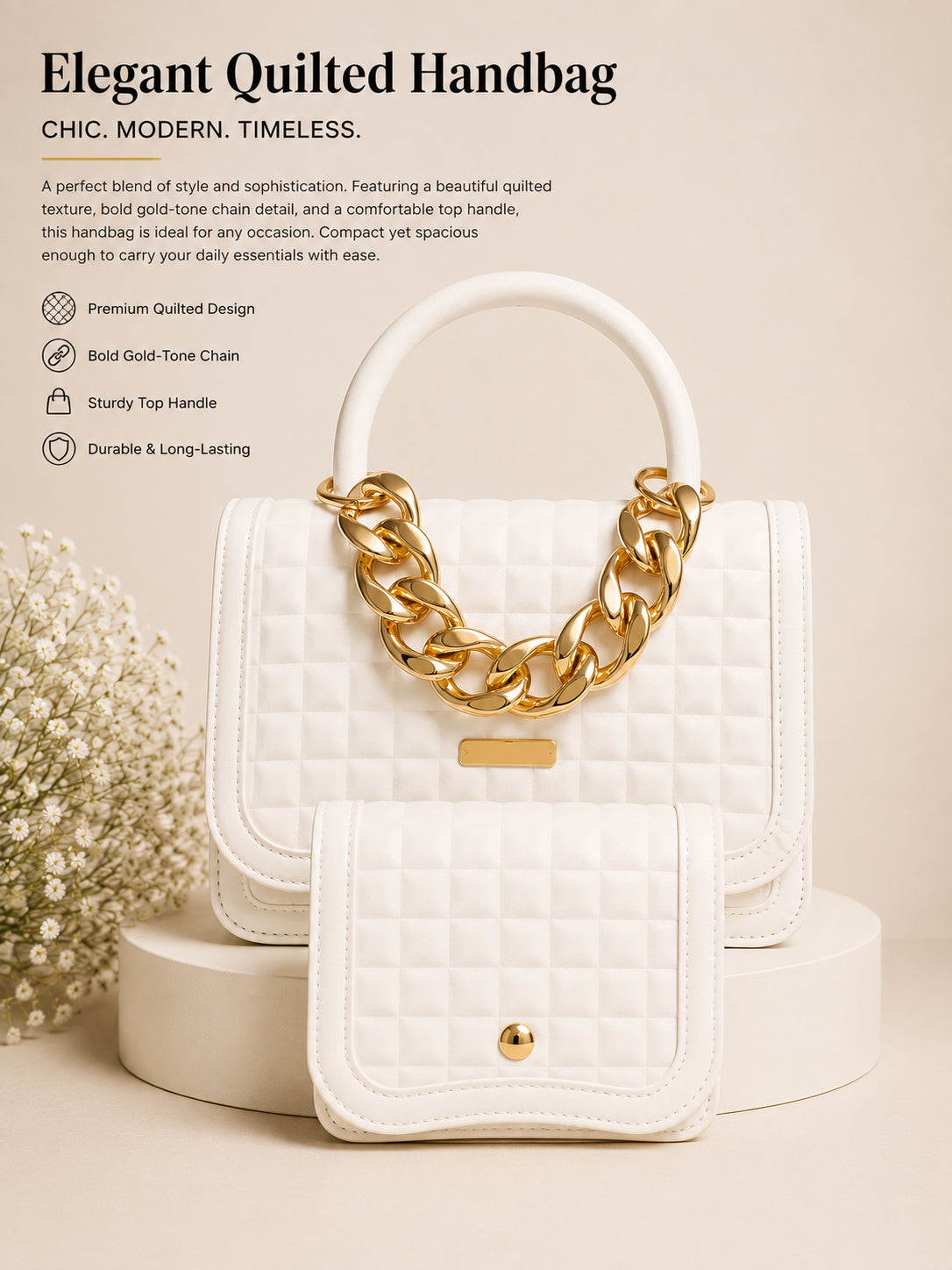Luxury Quilted Top Handle Handbag Set with Matching Wallet – Beige image 0