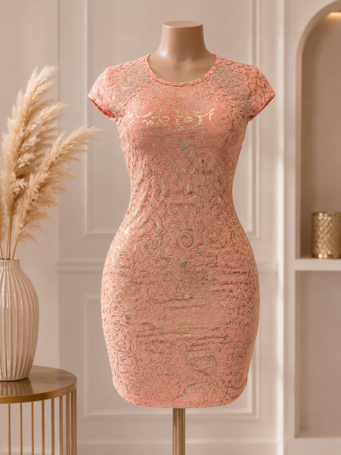 Women’s Elegant Gold Floral Bodycon Mini Dress – Short Sleeve Slim Fit Party Dre image 3