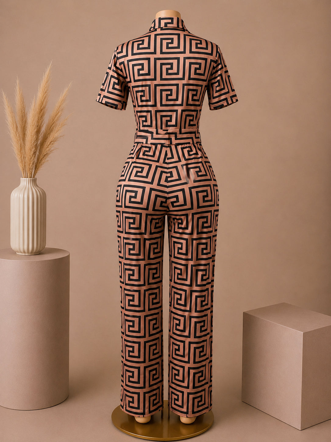 Women’s Geometric Print Belted Jumpsuit – Blush Pink & Black image 1