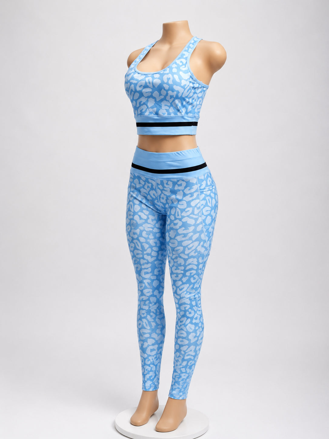 Sky Blue Leopard Print Sports Bra & High-Waist Leggings Set – Women’s 2-Piece Ac image 0