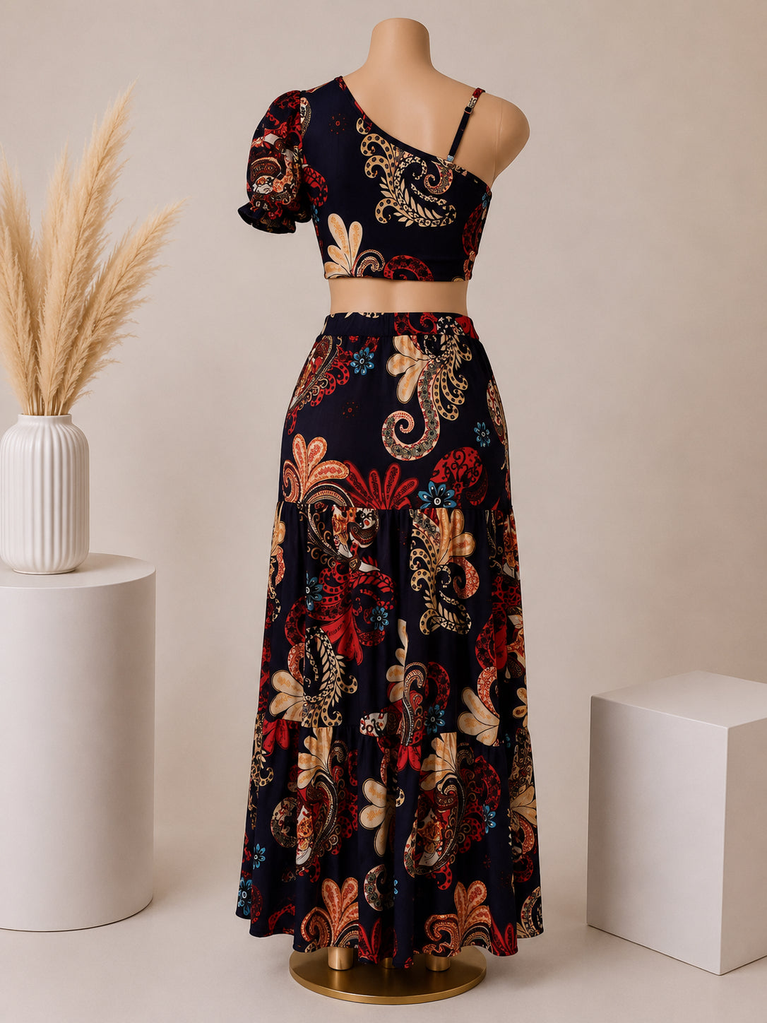 Midnight Paisley One-Shoulder Two-Piece Maxi Skirt Set image 1