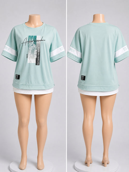 Women’s Mint Green Graphic Oversized T-Shirt – Casual Short Sleeve Crew Neck Top image 0