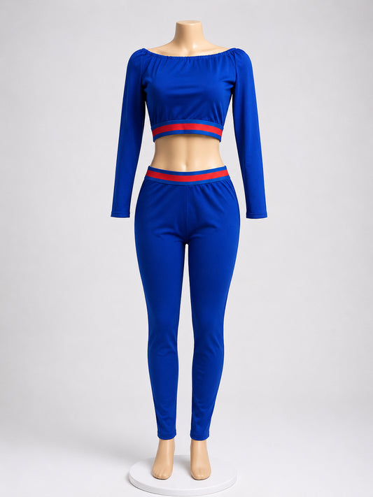 Royal Blue Off-Shoulder Long Sleeve Crop Top & High-Waist Leggings Set – Women’s image 0