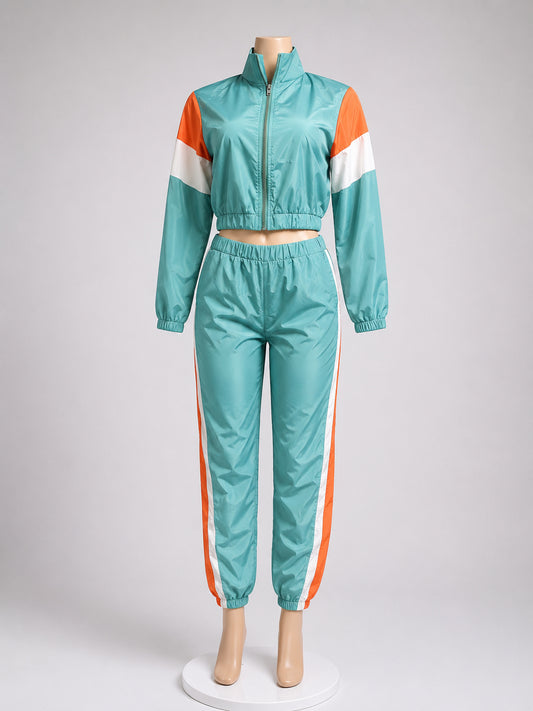 Women’s Color Block Windbreaker Tracksuit – Zip-Up Jacket & Jogger Pants (Back V image 0