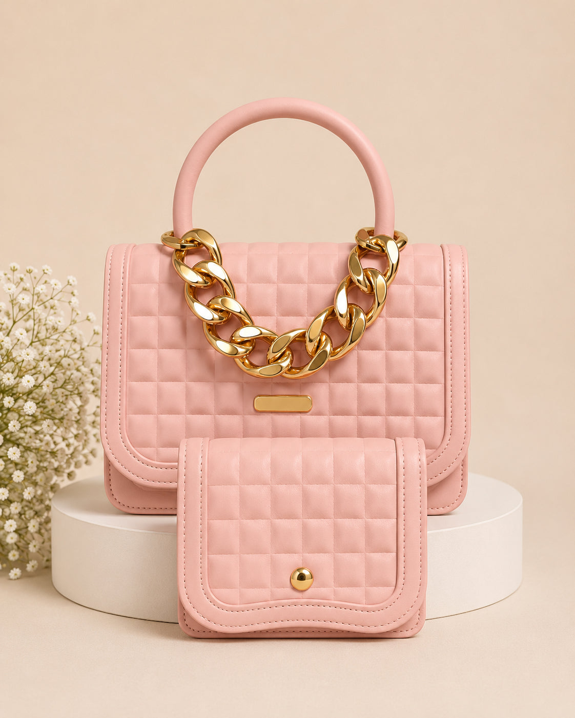 Luxury Quilted Top Handle Handbag Set with Matching Wallet – Beige image 2