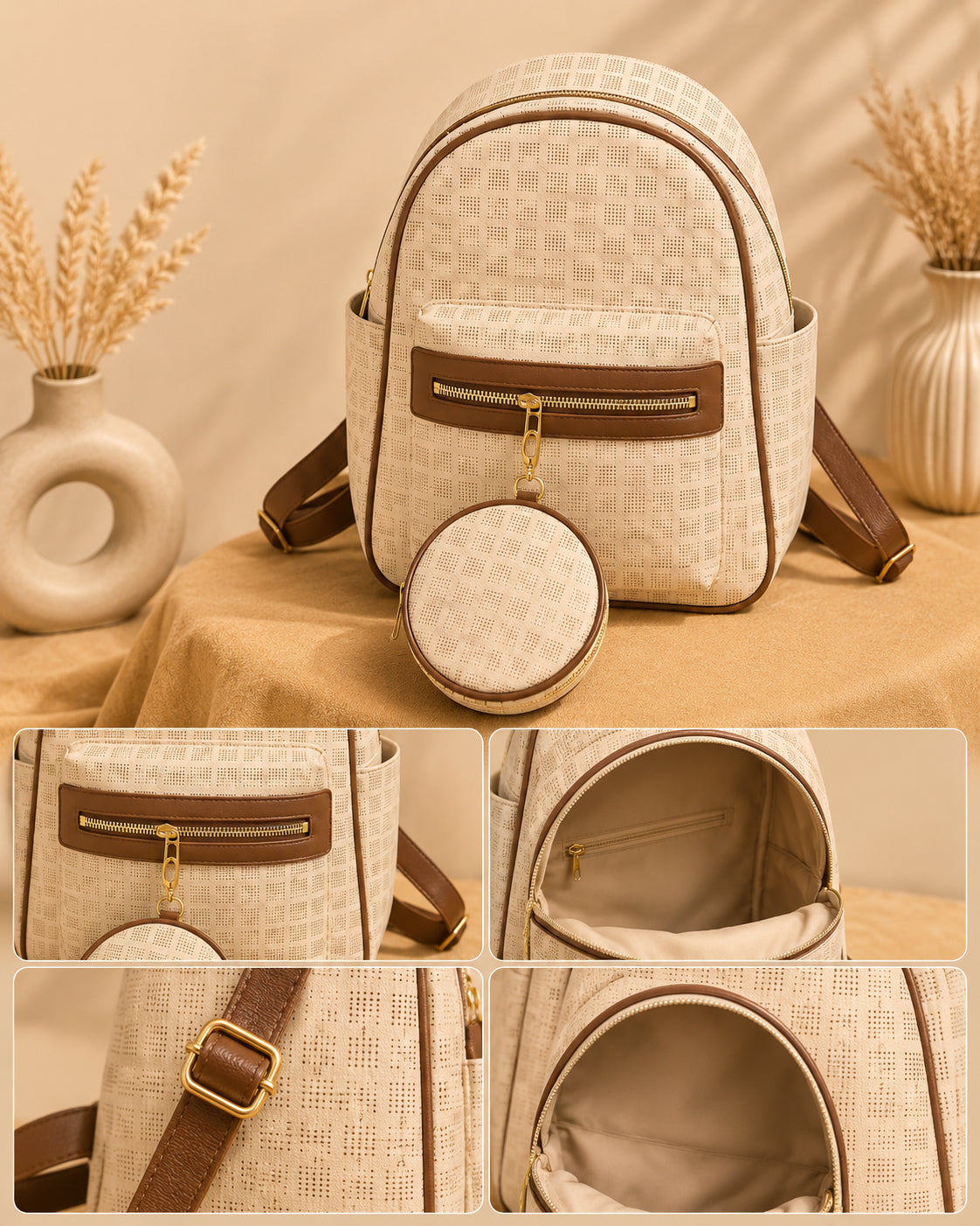 Elegant Two-Tone Backpack Set with Matching Round Pouch image 1