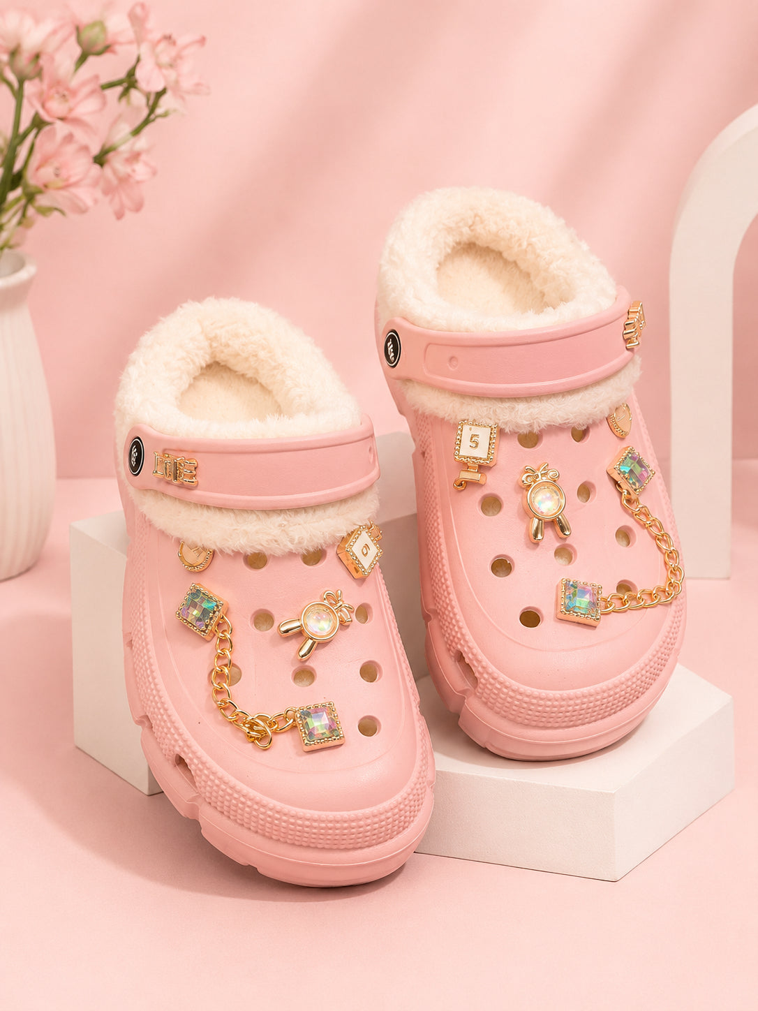 Women’s Black Faux Fur Lined Clogs with Gold Charms – Cozy Winter Slip-On Shoes image 2