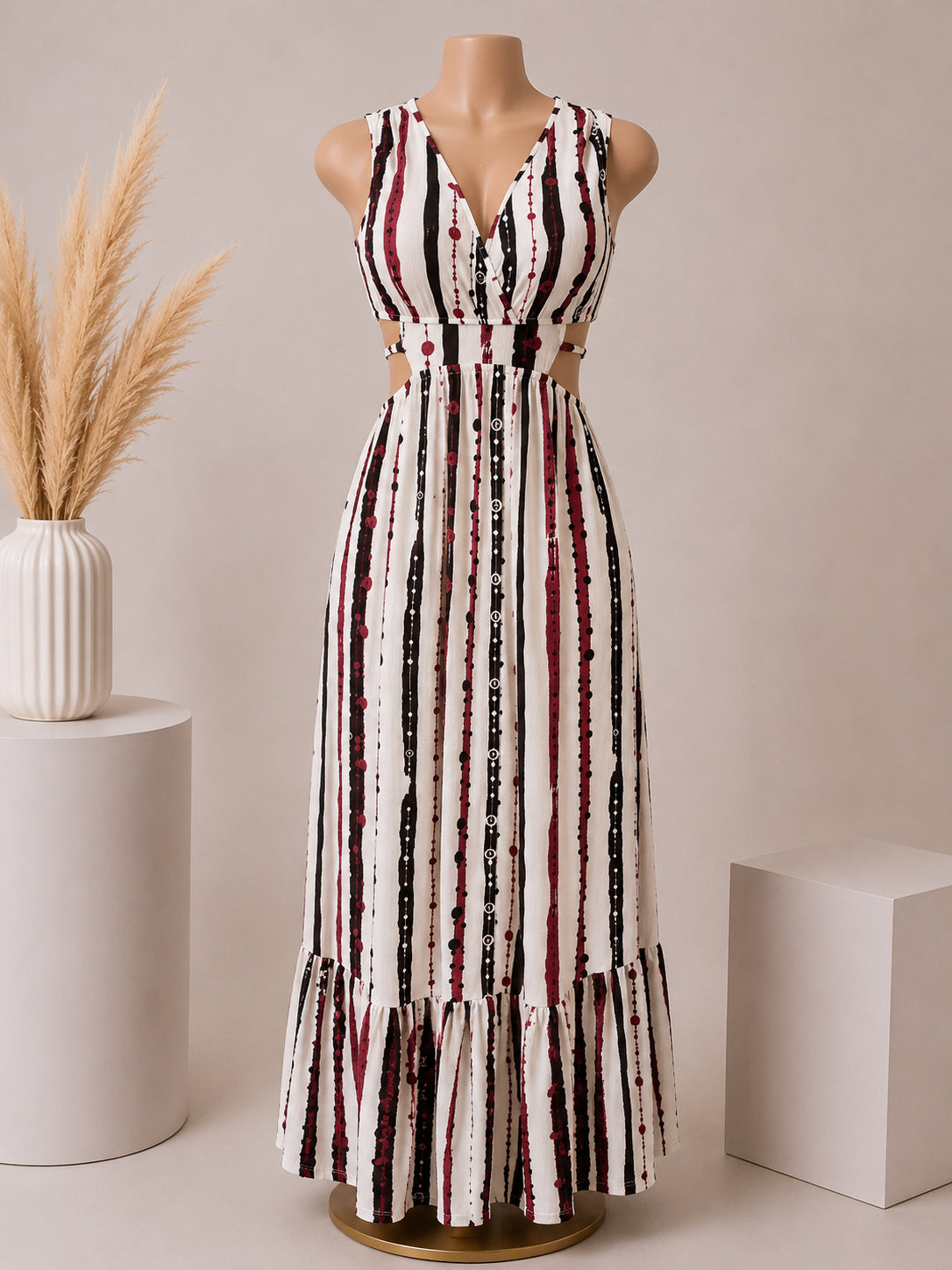 Elegant Striped Two-Piece Maxi Set – White & Burgundy image 1