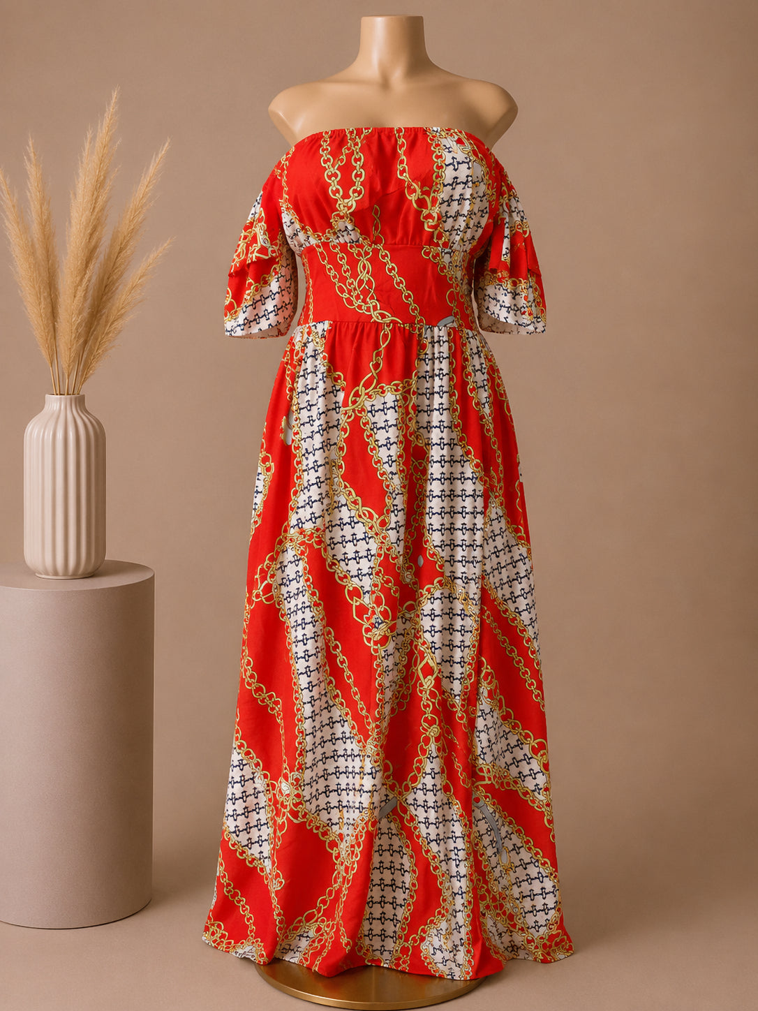 Elegant Off-Shoulder Chain Print Maxi Dress – Red image 0