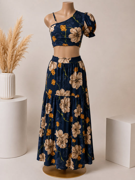 Midnight Bloom One-Shoulder Two-Piece Maxi Skirt Set – Navy Blue Floral  image 0