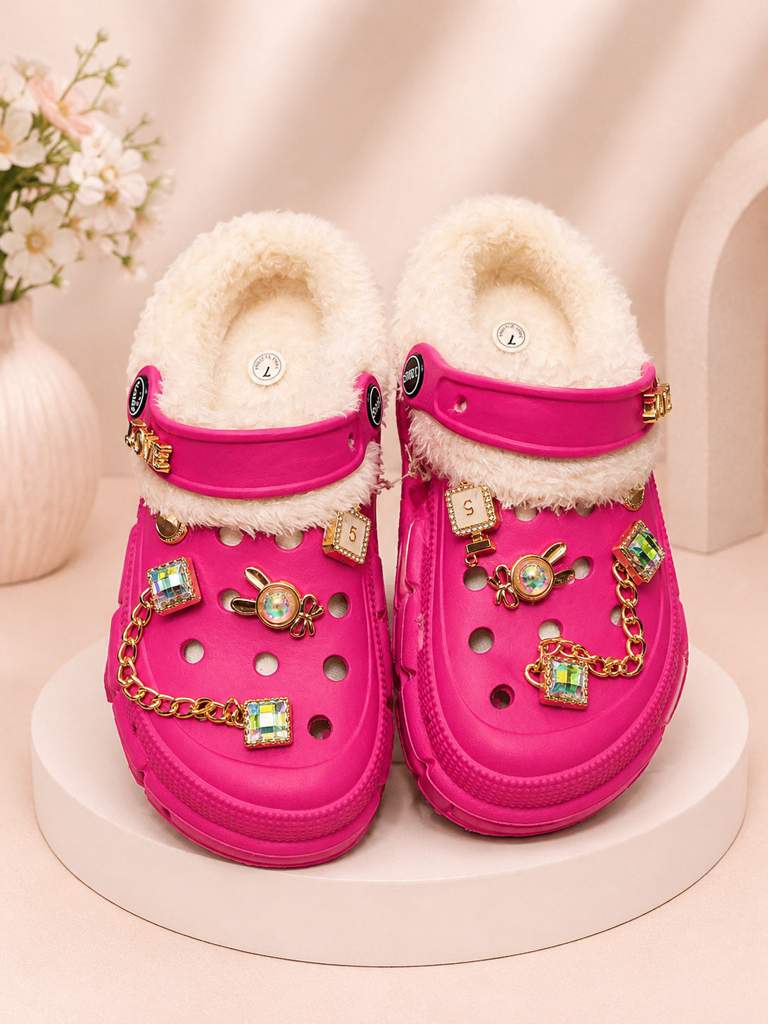 Women’s Black Faux Fur Lined Clogs with Gold Charms – Cozy Winter Slip-On Shoes image 3