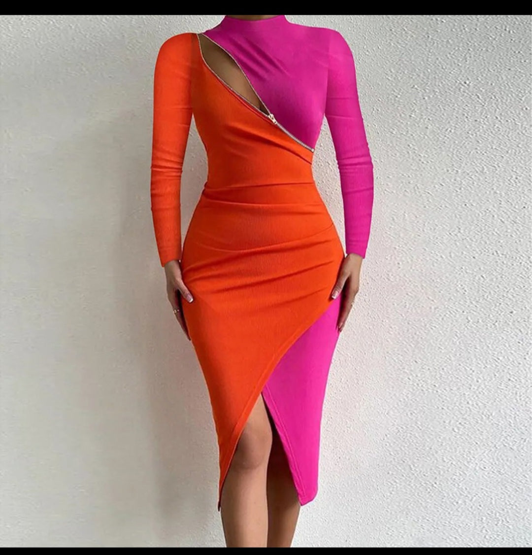 Bodycon Dress women Fall Long Sleeve color Block patchwork zipper split midi one image 0