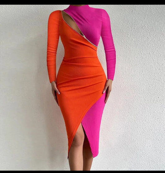 Bodycon Dress women Fall Long Sleeve color Block patchwork zipper split midi one image 0