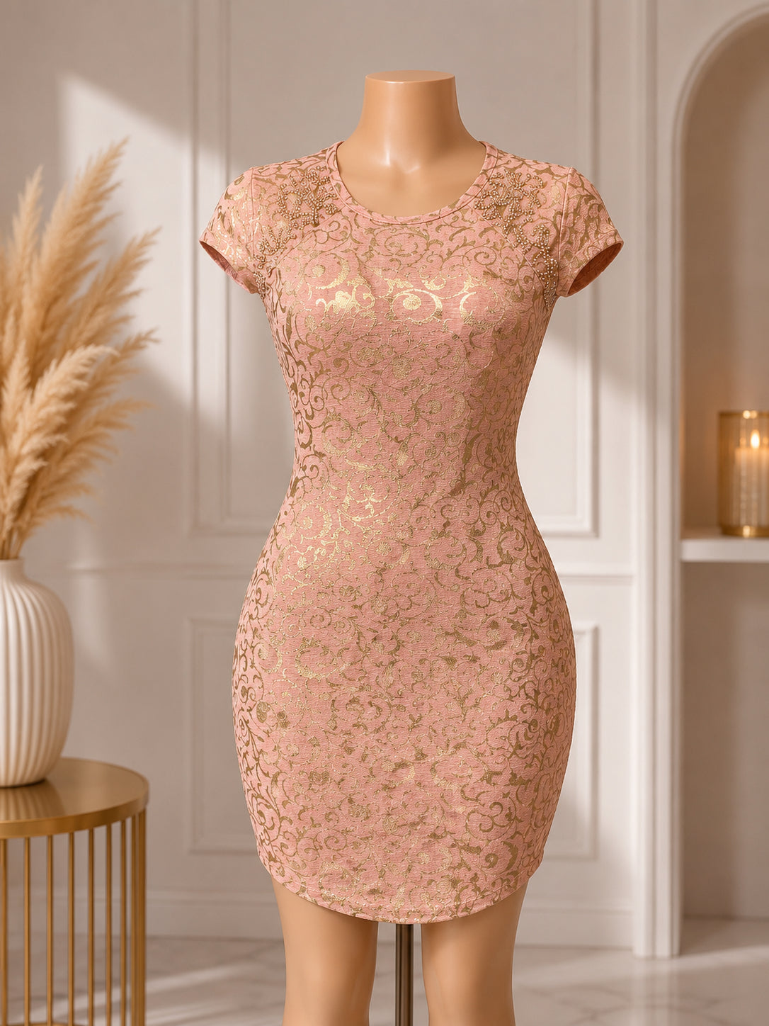 Women’s Elegant Gold Floral Bodycon Mini Dress – Short Sleeve Slim Fit Party Dre image 1